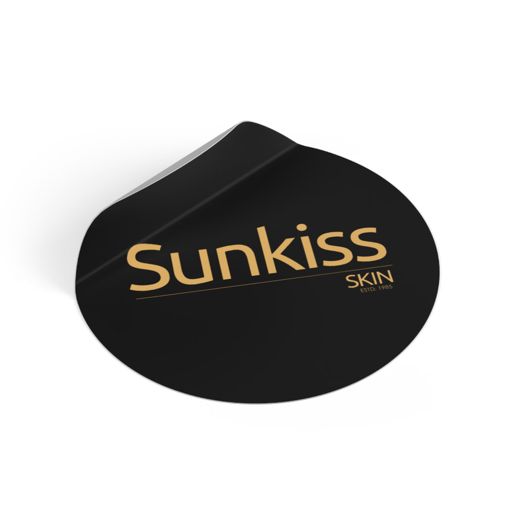 Sunkiss Skin Round Vinyl Sticker Gold Logo on Black (Cosmetic Brand Label)