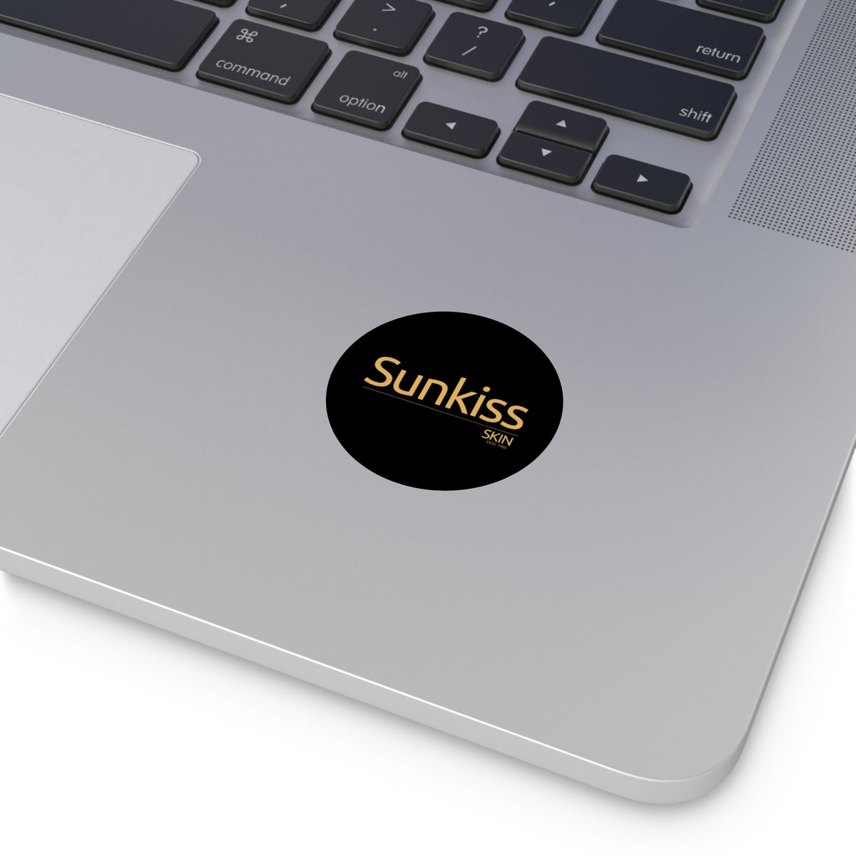 Sunkiss Skin Round Vinyl Sticker Gold Logo on Black (Cosmetic Brand Label)