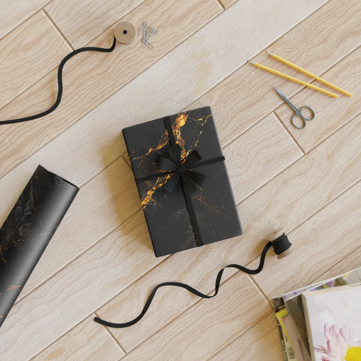 Black Marble Gift Wrap Roll with Gold Veins  Luxury Wrapping Paper